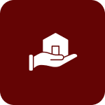 Hand holding house icon on red background.