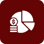 Pie chart and coins on red background.