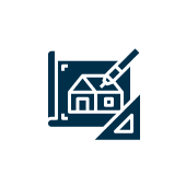 Blueprint with house and drafting tools icon.